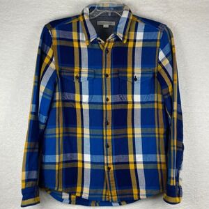 Outerknown Blanket Shirt Mens Medium Blue Yellow Plaid Organic Cotton Flannel‎